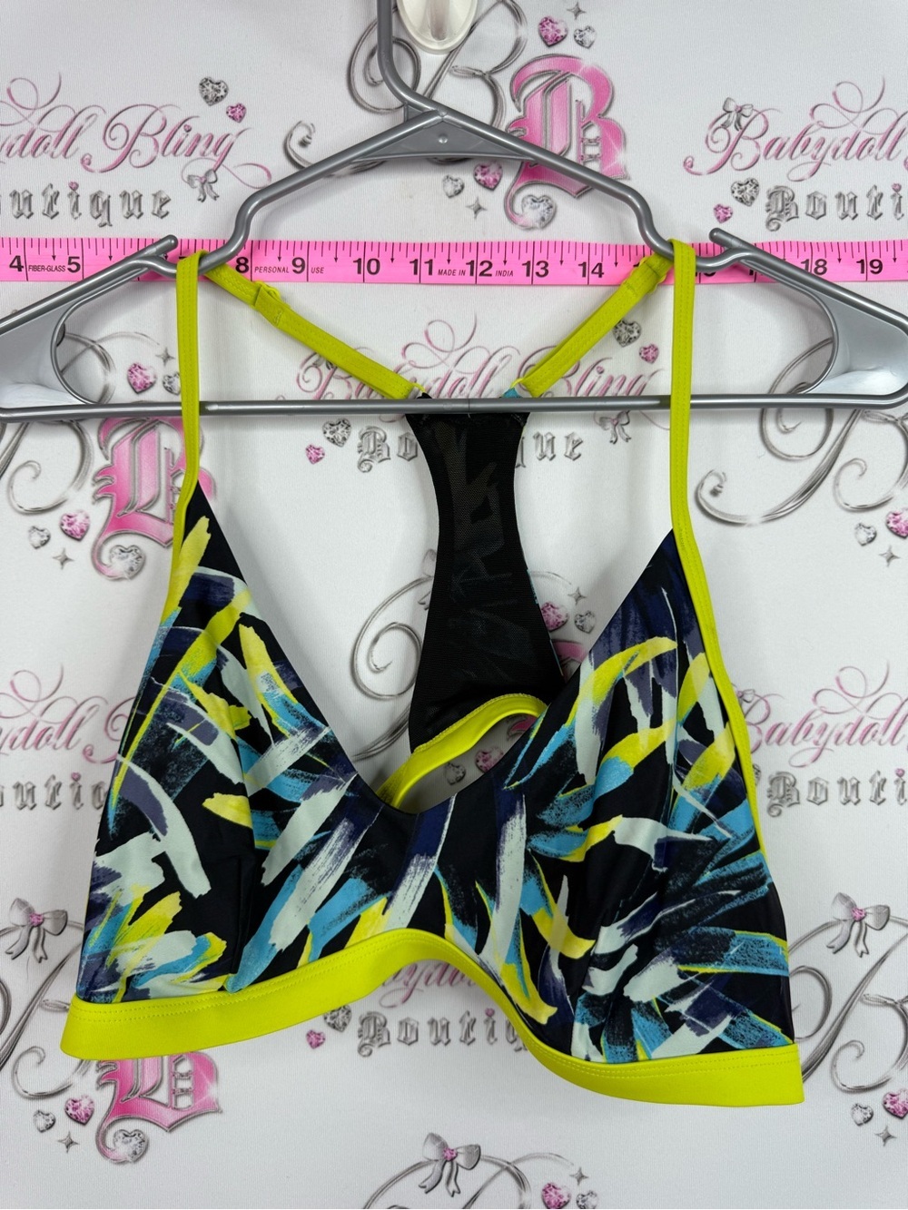 Lole bra Black Multicolor Abstract Print Sports Bra with Neon Yellow Trim